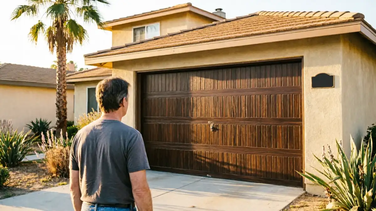 A man stands in a driveway looking at a brown garage door on a stucco house.