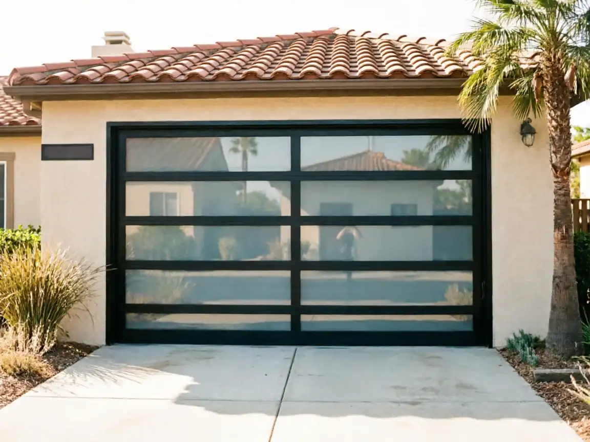 A modern black garage door with frosted glass panels on a stucco house.