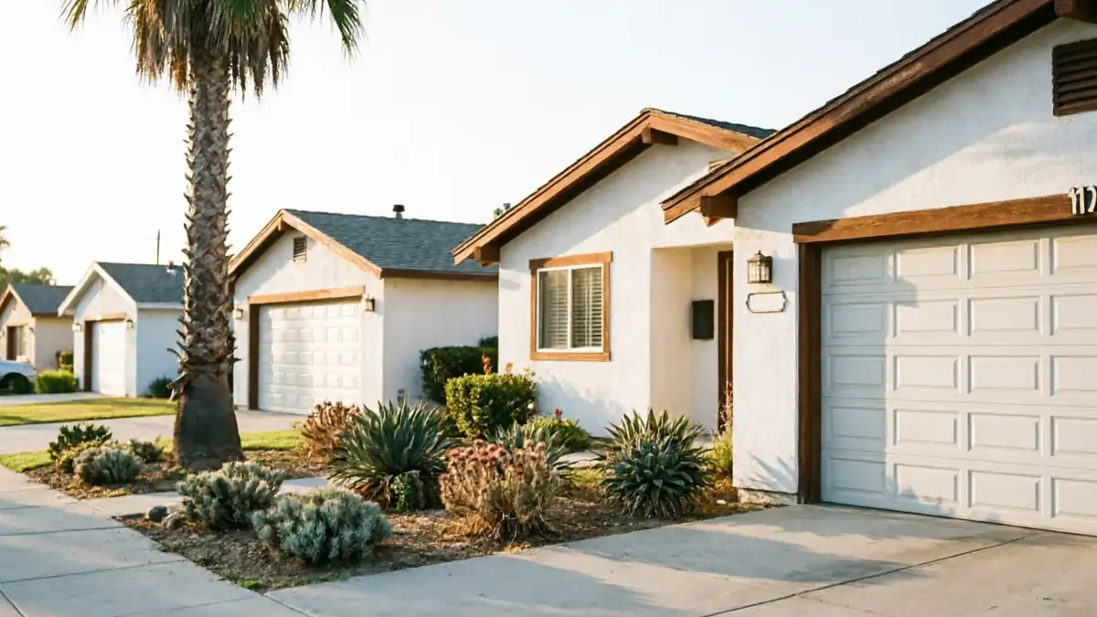 A row of three white houses with white garage doors and a palm tree.