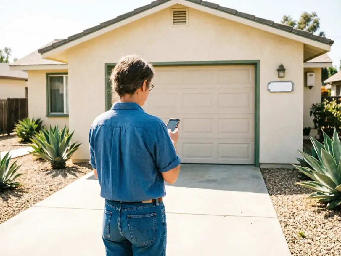 A person stands in a driveway, looking at a phone in front of a garage door.