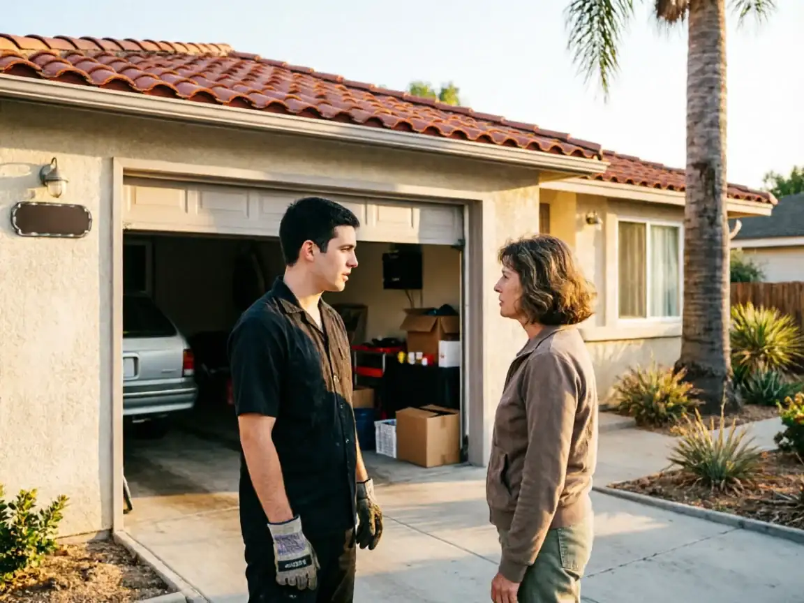 A technician and a woman stand in front of an open garage.