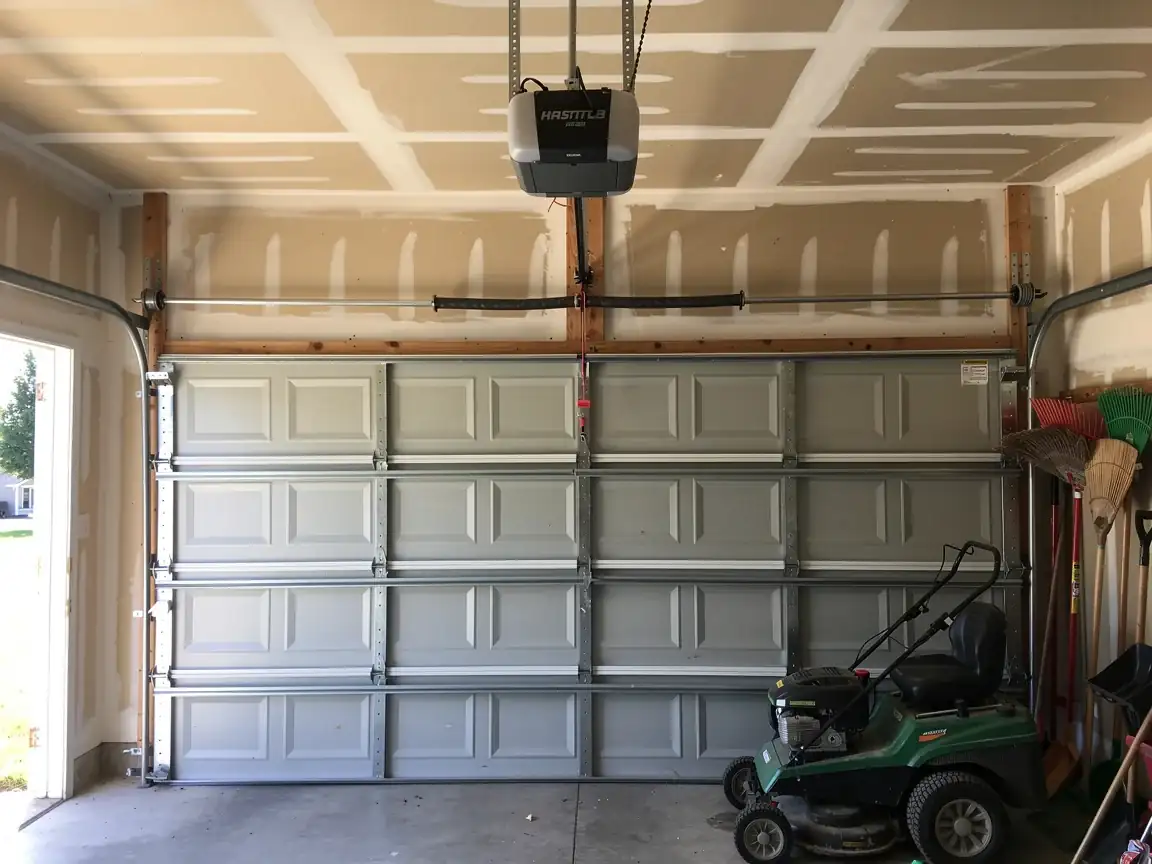 The garage door is closed, with an opener and torsion spring visible above.