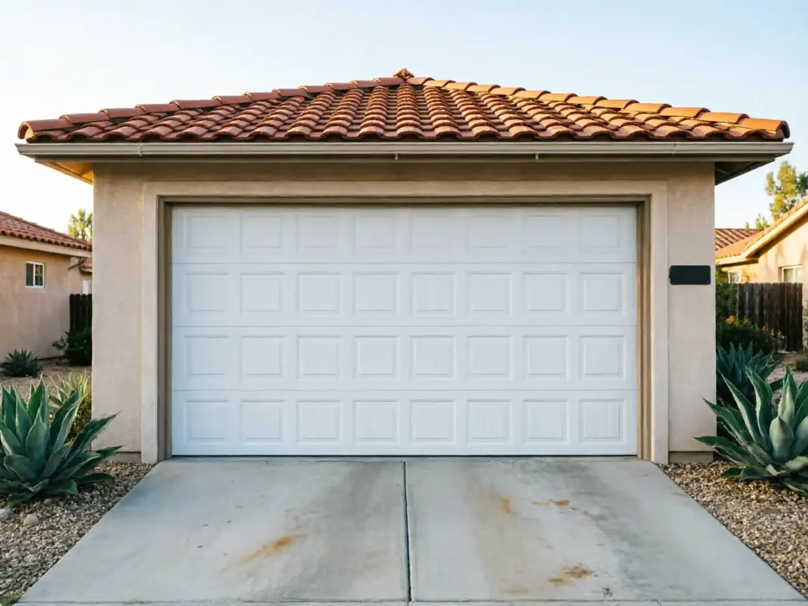 A white paneled garage door is on a stucco garage with a red tile roof.