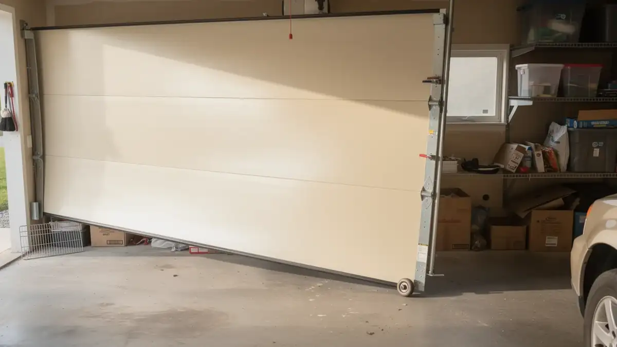 The garage door is off its tracks and partially open, with a car visible on the right.