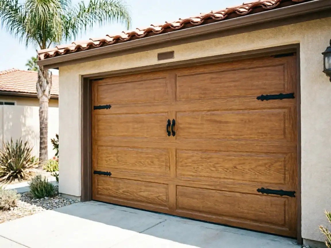 The garage door is made of light brown wood with black decorative hardware.